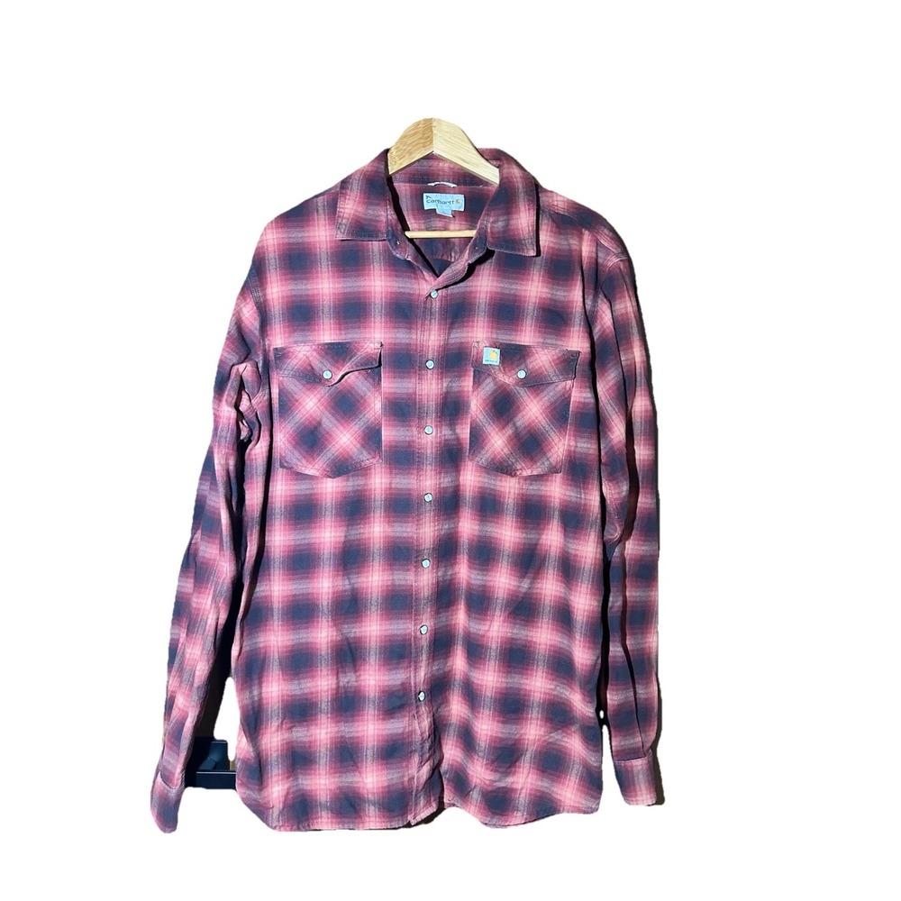 Carhartt Flannel‎ Shirt Men's LT Red Black Plaid Snap Front Relaxed Fit